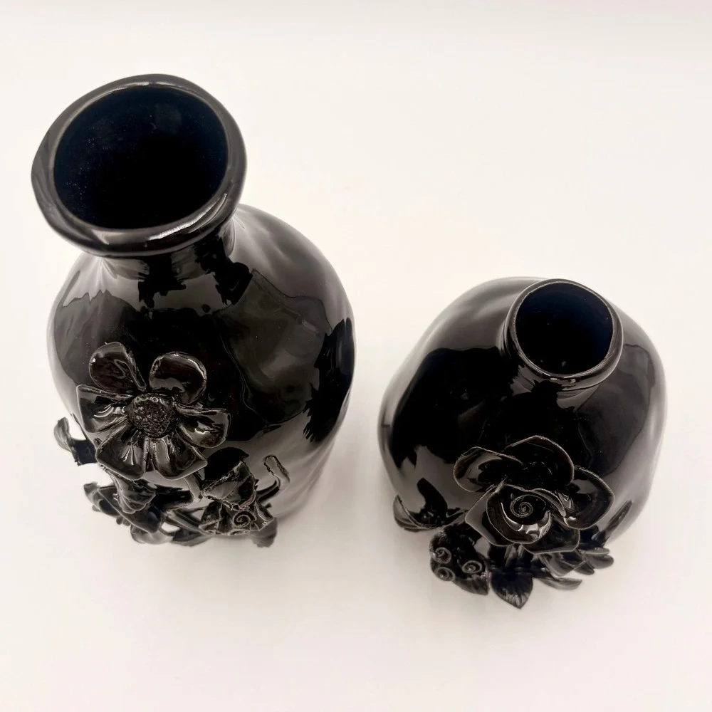 Potters Studio Halloween Black Ceramic Floral Bud Vase Set 2 Piece 3D Rose Decor